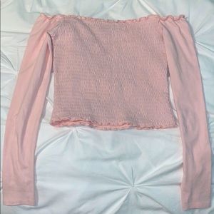 hollister smocked off-shoulder light pink crop top